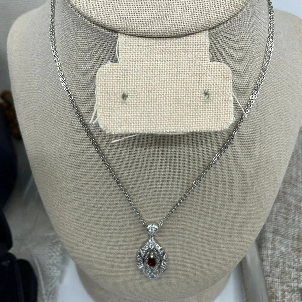 Vintage QVC Diamonique Garnet Necklace - Sterling Silver 925 - Picture 16 of 17
